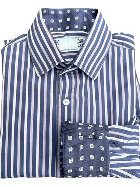 English Laundry Cotton Blue/White/Taupe Bold Stripe Dress Shirt (16)